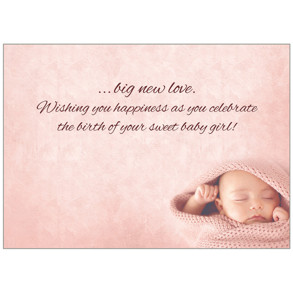 Newborn baby wrapped in pink blanket with celebratory text on a pink background